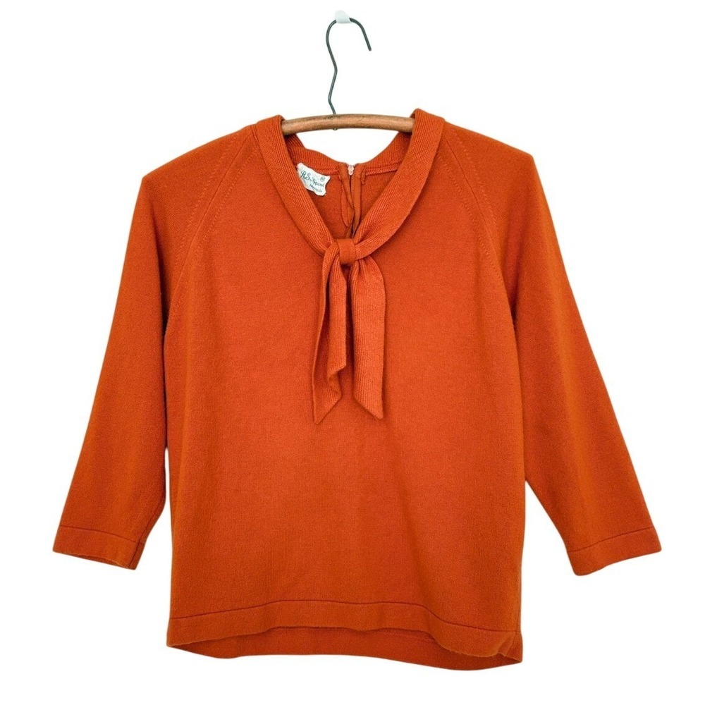 Vintage 60s Wool RS Apparel Bright Orange Sailor Bow‎ Sweater sz 40 Small